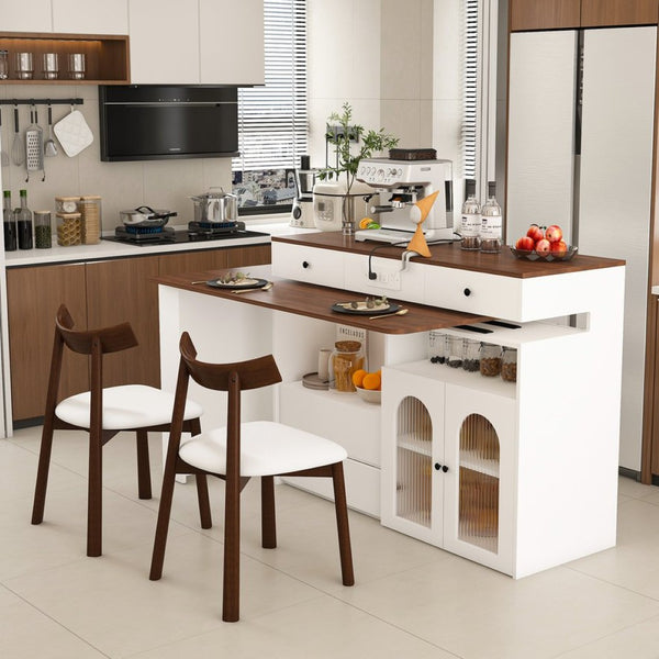 English Elm Kitchen Island Dining Set Retro Walnut Veneer Extendable Table with Solid Wood Chairs W2700S00117