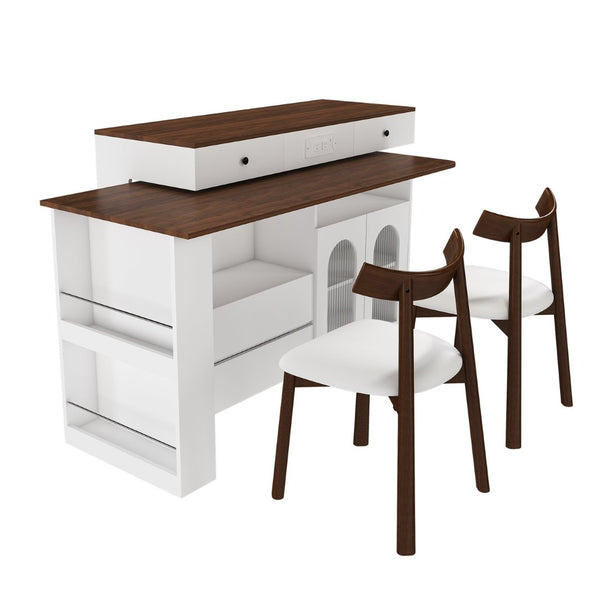 English Elm Kitchen Island Dining Set Retro Walnut Veneer Extendable Table with Solid Wood Chairs W2700S00117