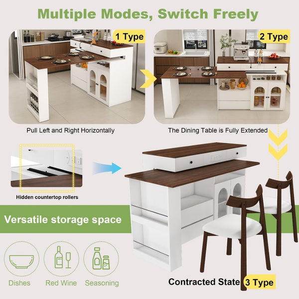 English Elm Kitchen Island Dining Set Retro Walnut Veneer Extendable Table with Solid Wood Chairs W2700S00117