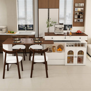 English Elm Kitchen Island Dining Set Retro Walnut Veneer Extendable Rotating Table Four Solid Wood Chairs W2700S00118