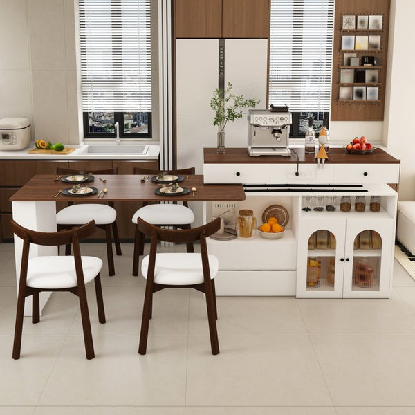 English Elm Kitchen Island Dining Set Retro Walnut Veneer Extendable Rotating Table Four Solid Wood Chairs W2700S00118