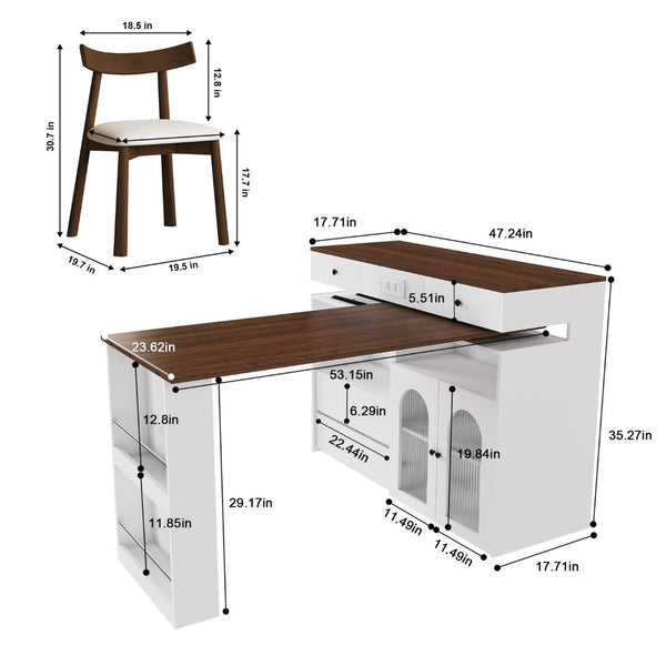 English Elm Kitchen Island Dining Set Retro Walnut Veneer Extendable Rotating Table Four Solid Wood Chairs W2700S00118