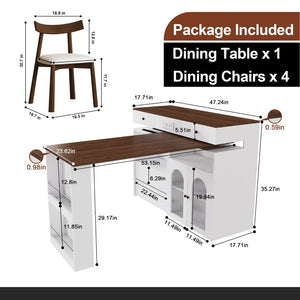 English Elm Kitchen Island Dining Set Retro Walnut Veneer Extendable Rotating Table Four Solid Wood Chairs W2700S00118