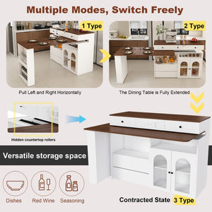 English Elm Kitchen Island Dining Set Retro Walnut Veneer Extendable Rotating Table Four Solid Wood Chairs W2700S00118