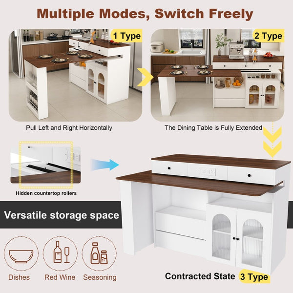 English Elm Kitchen Island Dining Set Retro Walnut Veneer Extendable Rotating Table Four Solid Wood Chairs W2700S00118