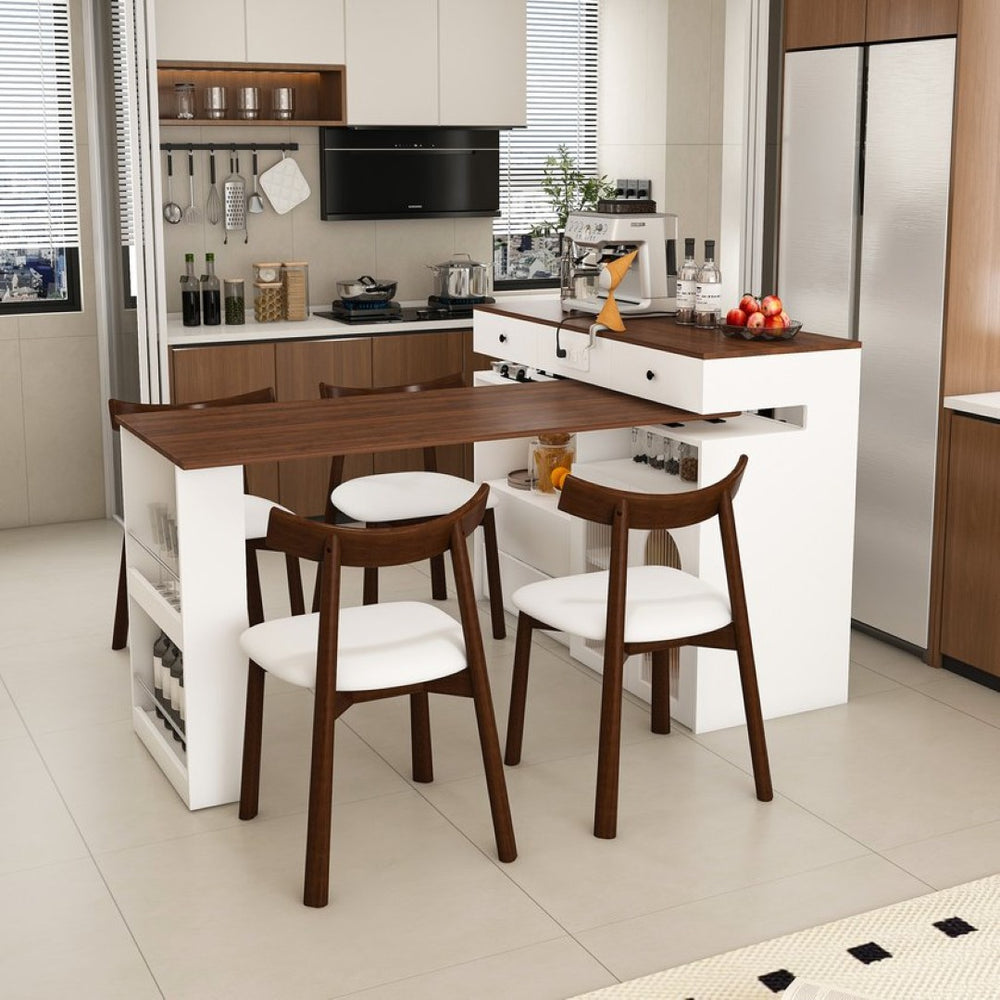 English Elm Kitchen Island Dining Set Retro Walnut Veneer Extendable Rotating Table Four Solid Wood Chairs W2700S00118