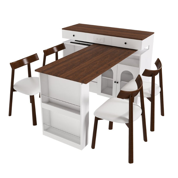 English Elm Kitchen Island Dining Set Retro Walnut Veneer Extendable Rotating Table Four Solid Wood Chairs W2700S00118