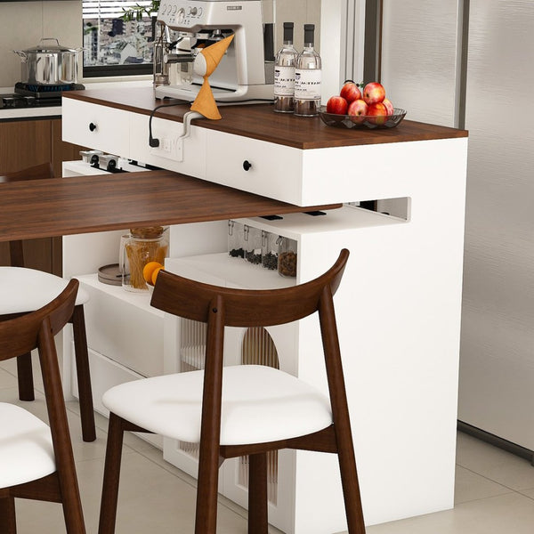 English Elm Kitchen Island Dining Set Retro Walnut Veneer Extendable Rotating Table Four Solid Wood Chairs W2700S00118