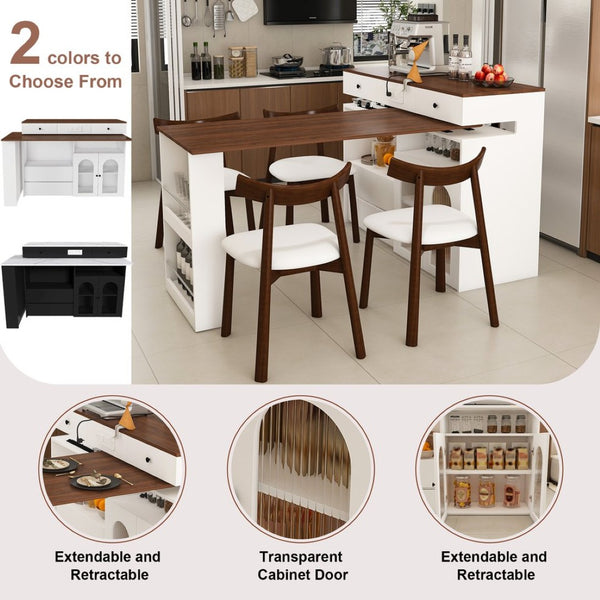 English Elm Kitchen Island Dining Set Retro Walnut Veneer Extendable Rotating Table Four Solid Wood Chairs W2700S00118