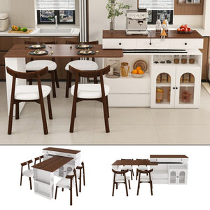 English Elm Kitchen Island Dining Set Retro Walnut Veneer Extendable Rotating Table Four Solid Wood Chairs W2700S00118