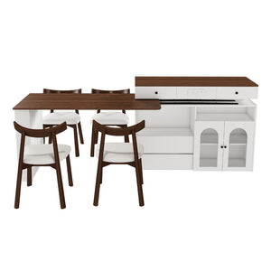 English Elm Kitchen Island Dining Set Retro Walnut Veneer Extendable Rotating Table Four Solid Wood Chairs W2700S00118