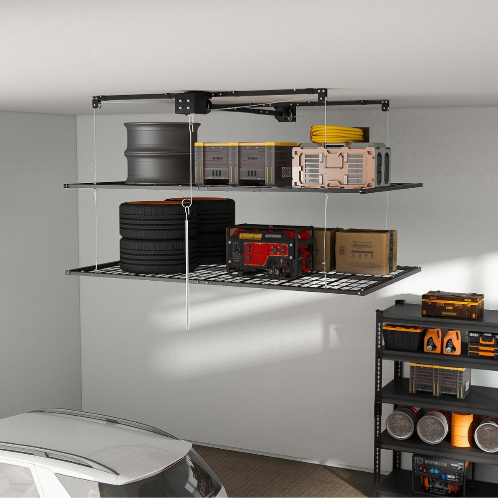 English Elm Overhead Double Deck Garage Storage Rack All Steel 650 Lb Heavy Duty Organizer W2700S00152