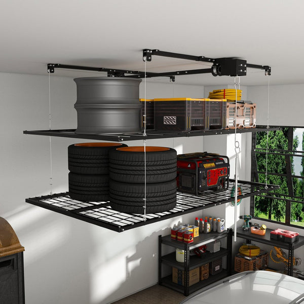 English Elm Overhead Double Deck Garage Storage Rack All Steel 650 Lb Heavy Duty Organizer W2700S00152