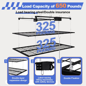 English Elm Overhead Double Deck Garage Storage Rack All Steel 650 Lb Heavy Duty Organizer W2700S00152
