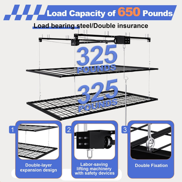 English Elm Overhead Double Deck Garage Storage Rack All Steel 650 Lb Heavy Duty Organizer W2700S00152