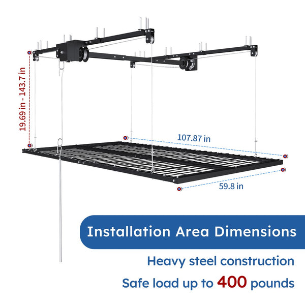 English Elm Overhead Garage Storage Rack 5x9 Ft Steel Platform with Crank Handle and Safety Lock W2700S00153