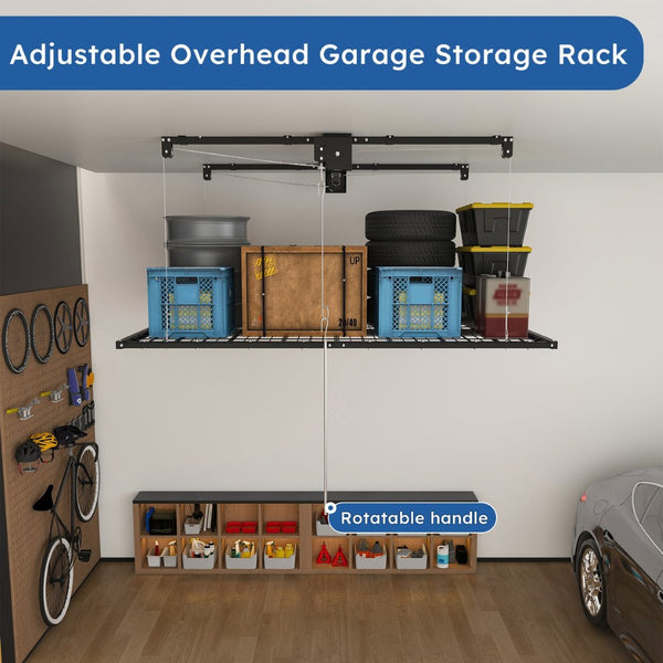 English Elm Overhead Garage Storage Rack 5x9 Ft Steel Platform with Crank Handle and Safety Lock W2700S00153