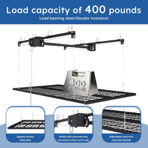 English Elm Overhead Garage Storage Rack 5x9 Ft Steel Platform with Crank Handle and Safety Lock W2700S00153