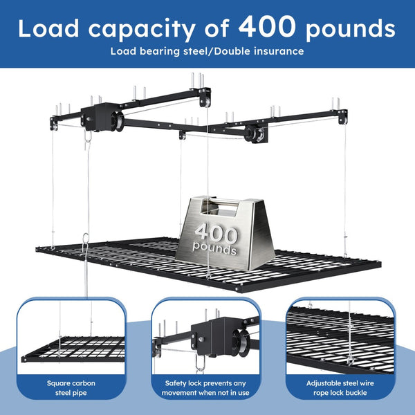 English Elm Overhead Garage Storage Rack 5x9 Ft Steel Platform with Crank Handle and Safety Lock W2700S00153