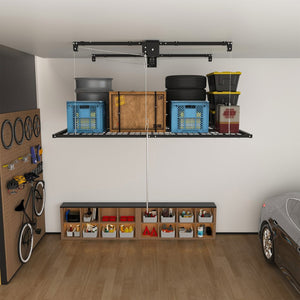 English Elm Overhead Garage Storage Rack 5x9 Ft Steel Platform with Crank Handle and Safety Lock W2700S00153