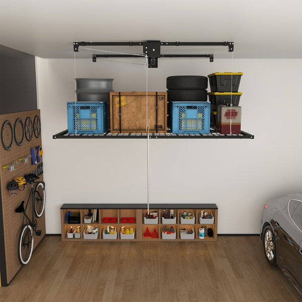 English Elm Overhead Garage Storage Rack 5x9 Ft Steel Platform with Crank Handle and Safety Lock W2700S00153