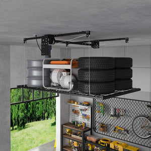 English Elm Overhead Motorized Garage Storage Rack 4X8 Ft All Steel 450 Lb Remote Lift System W2700S00154