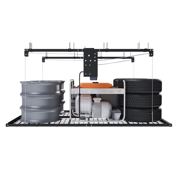 English Elm Overhead Motorized Garage Storage Rack 4X8 Ft All Steel 450 Lb Remote Lift System W2700S00154