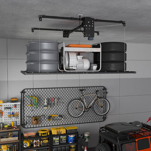 English Elm Overhead Motorized Garage Storage Rack 4X8 Ft All Steel 450 Lb Remote Lift System W2700S00154