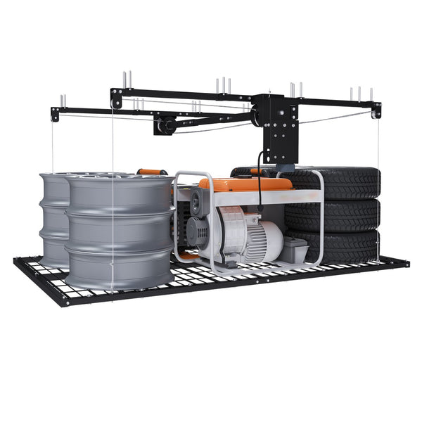 English Elm Overhead Motorized Garage Storage Rack 4X8 Ft All Steel 450 Lb Remote Lift System W2700S00154