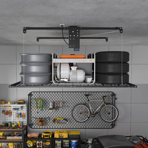 English Elm Overhead Motorized Garage Storage Rack 4X8 Ft All Steel 450 Lb Remote Lift System W2700S00154