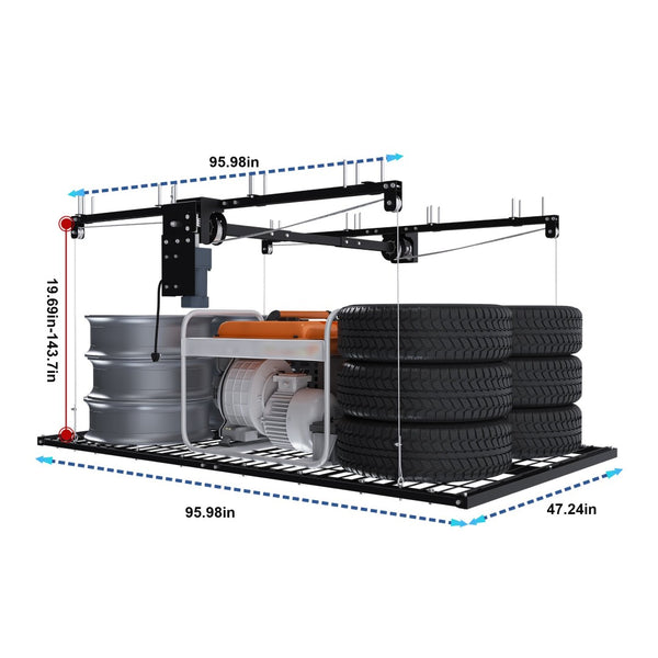 English Elm Overhead Motorized Garage Storage Rack 4X8 Ft All Steel 450 Lb Remote Lift System W2700S00154