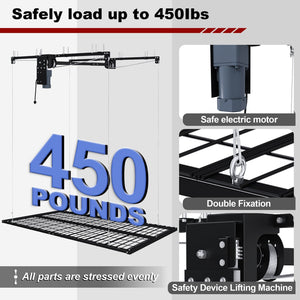English Elm Overhead Motorized Garage Storage Rack 4X8 Ft All Steel 450 Lb Remote Lift System W2700S00154