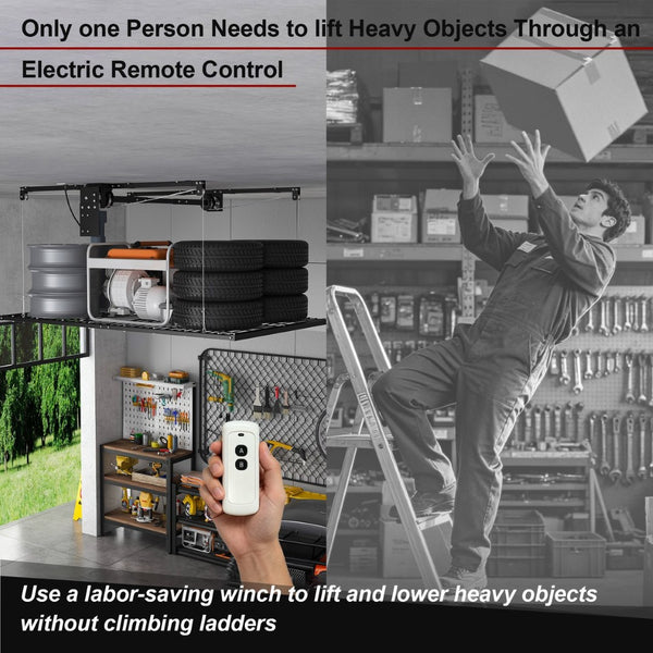 English Elm Overhead Motorized Garage Storage Rack 4X8 Ft All Steel 450 Lb Remote Lift System W2700S00154