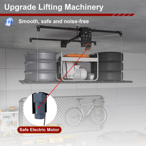 English Elm Overhead Motorized Garage Storage Rack 4X8 Ft All Steel 450 Lb Remote Lift System W2700S00154