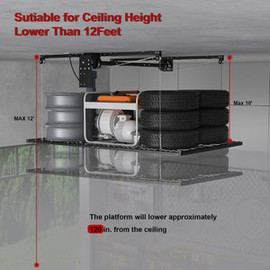 English Elm Overhead Motorized Garage Storage Rack 4X8 Ft All Steel 450 Lb Remote Lift System W2700S00154