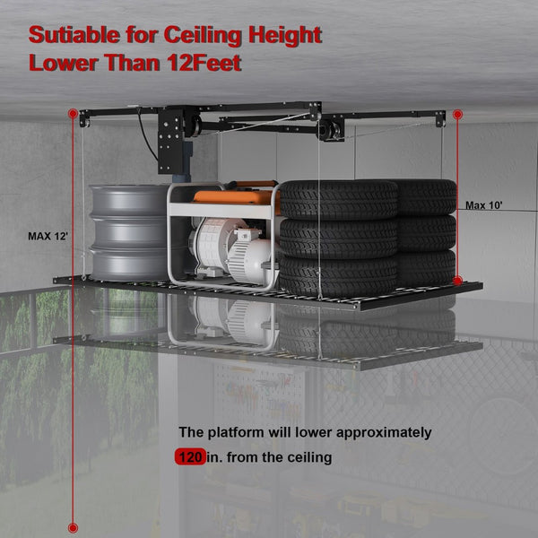 English Elm Overhead Motorized Garage Storage Rack 4X8 Ft All Steel 450 Lb Remote Lift System W2700S00154