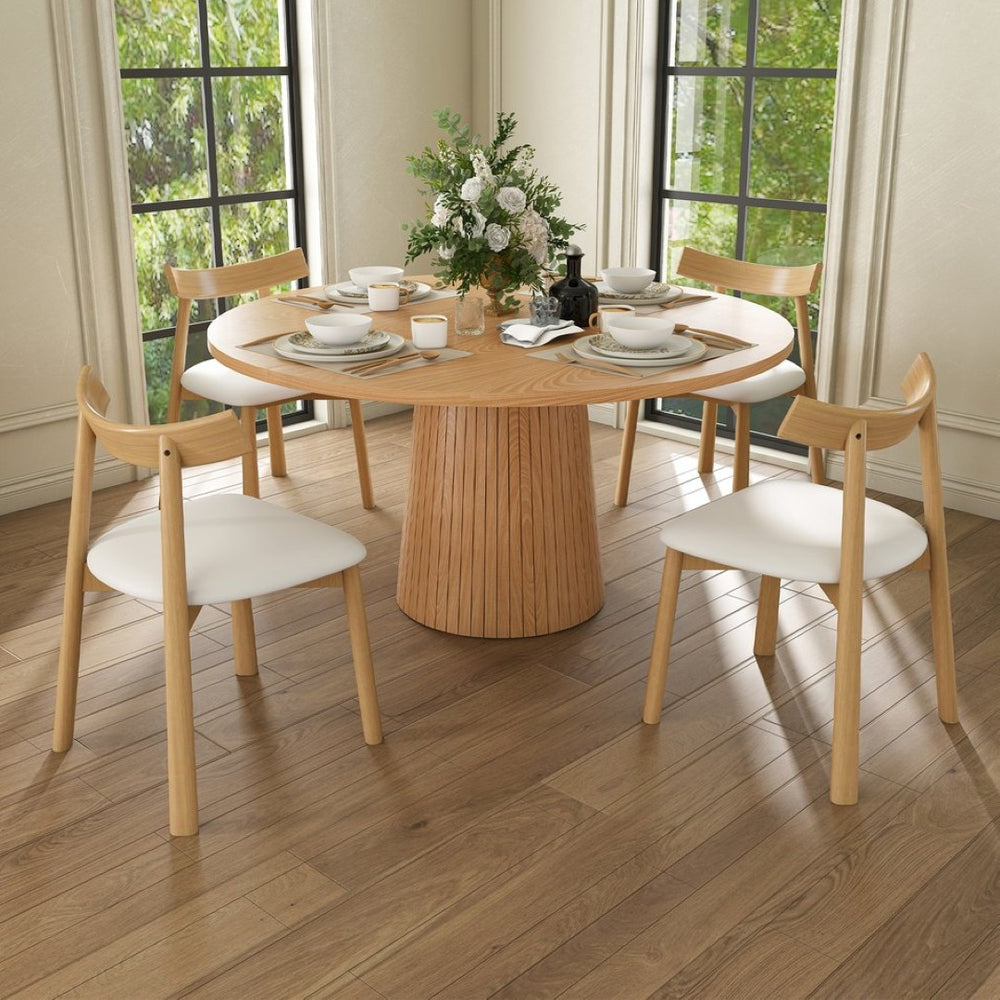 English Elm 47 Inch Round Five Piece Farmhouse Dining Set Solid Wood Chairs Oak Finish Seats Four W2700S00155