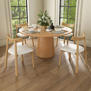 English Elm 47 Inch Round Five Piece Farmhouse Dining Set Solid Wood Chairs Oak Finish Seats Four W2700S00155