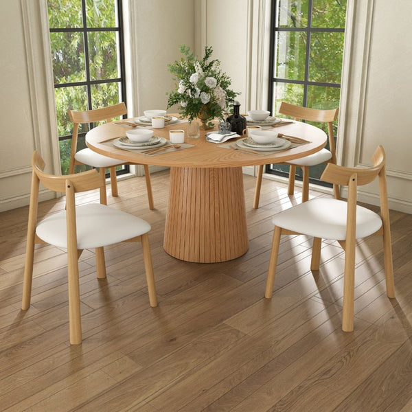 English Elm 47 Inch Round Five Piece Farmhouse Dining Set Solid Wood Chairs Oak Finish Seats Four W2700S00155