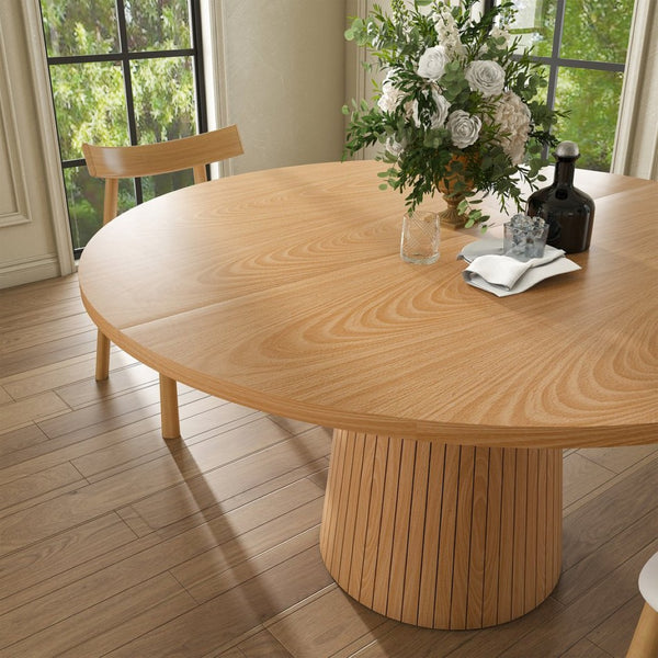 English Elm 47 Inch Round Five Piece Farmhouse Dining Set Solid Wood Chairs Oak Finish Seats Four W2700S00155
