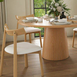 English Elm 47 Inch Round Five Piece Farmhouse Dining Set Solid Wood Chairs Oak Finish Seats Four W2700S00155