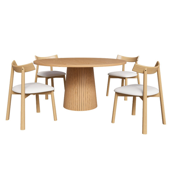 English Elm 47 Inch Round Five Piece Farmhouse Dining Set Solid Wood Chairs Oak Finish Seats Four W2700S00155