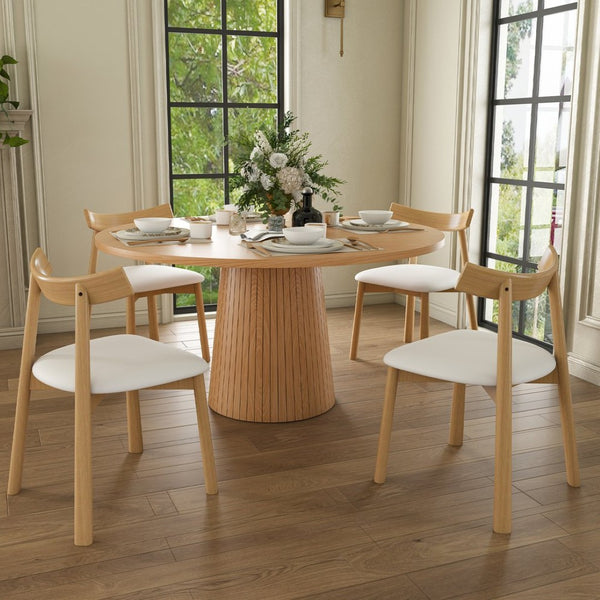 English Elm 47 Inch Round Five Piece Farmhouse Dining Set Solid Wood Chairs Oak Finish Seats Four W2700S00155