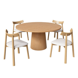 English Elm 47 Inch Round Five Piece Farmhouse Dining Set Solid Wood Chairs Oak Finish Seats Four W2700S00155