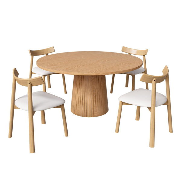 English Elm 47 Inch Round Five Piece Farmhouse Dining Set Solid Wood Chairs Oak Finish Seats Four W2700S00155