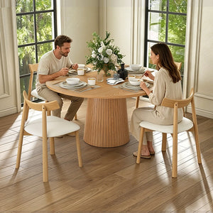 English Elm 47 Inch Round Five Piece Farmhouse Dining Set Solid Wood Chairs Oak Finish Seats Four W2700S00155