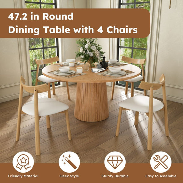 English Elm 47 Inch Round Five Piece Farmhouse Dining Set Solid Wood Chairs Oak Finish Seats Four W2700S00155