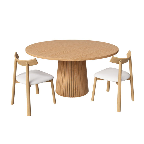 English Elm 47 Inch Round Oak Finish Dining Set Sculptural Wood Base with 4 Solid Chairs Farmhouse W2700S00156