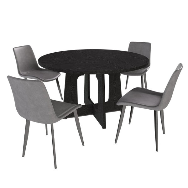 English Elm 47 Inch Round Farmhouse Dining Set Seats 4 with Wood Grain MDF Table and Gray Chairs W2700S00157