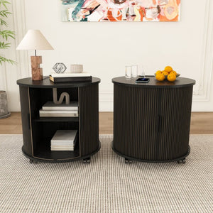 English Elm Set of 2 Mid Century Modern Round End Tables with Charging Station and Sliding Door W2700S00158